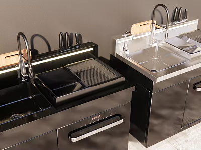 Modern Kitchen With Black Cabinets Sink Faucet Knives And Cutting Board For Daily Washing 3d model