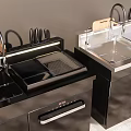 Modern Kitchen With Black Cabinets Sink Faucet Knives And Cutting Board For Daily Washing