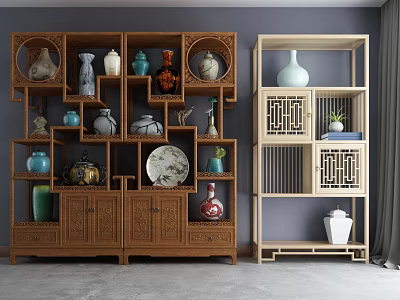 Traditional And Modern Wooden Bogu Shelves Displaying Vases Plates And Decorative Items 3d model