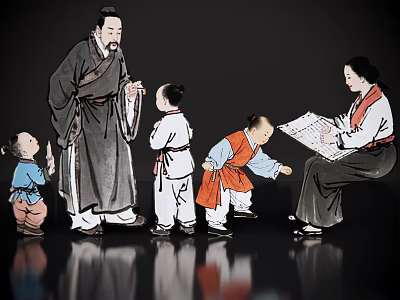 Ancient Chinese Figures In Traditional Robes Interacting As Woman Reads And Children Learn 3d model