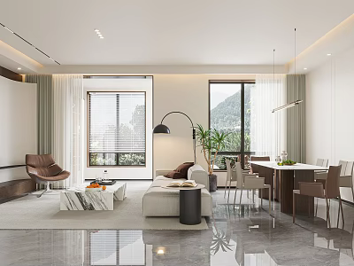 Modern Living And Dining Room Interior With Sofa Dining Table Chairs Floor Lamp And Potted Plant 3d model
