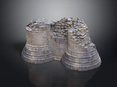 Ancient Stone Fortress Ruins With Circular Pedestals And Scattered Stones 3d model