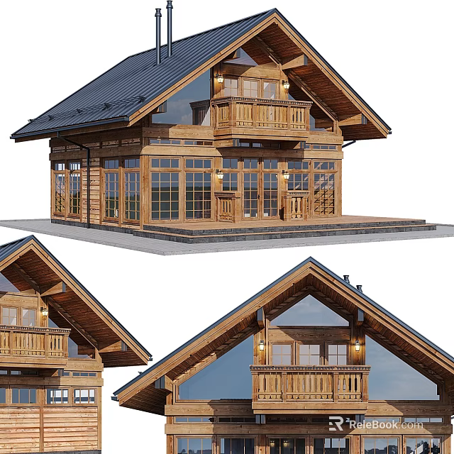 Modern Wooden Detached House With Gabled Roof Large Windows And Balcony 3d model 
