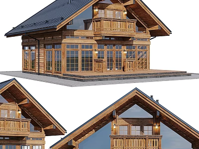 Modern Wooden Detached House With Gabled Roof Large Windows And Balcony 3d model