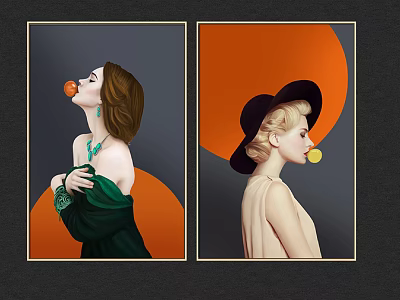 Two Women Portrait Paintings With Bubble Gum And Orange Circular Backgrounds 3d model