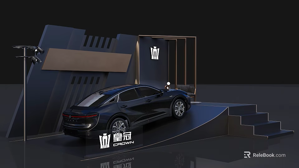 Black Crown Car Display On Modern Platform With Steps And Backdrop 3d model 