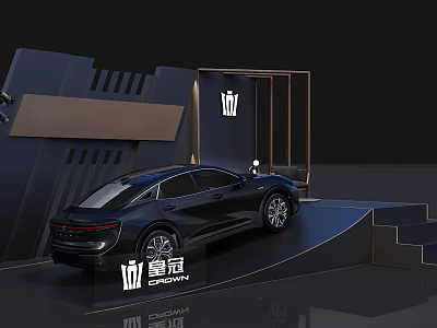 Black Crown Car Display On Modern Platform With Steps And Backdrop 3d model