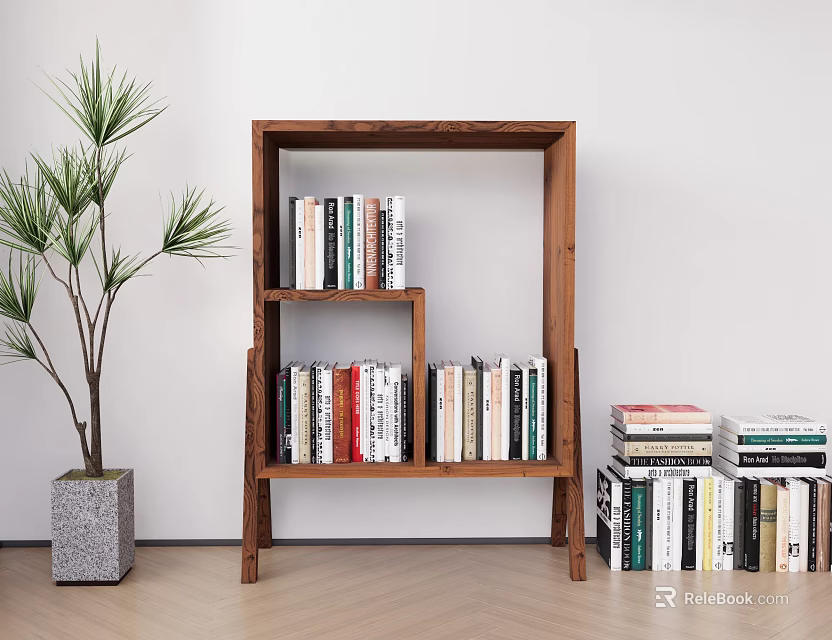 Wooden Open Bookcase With Books On Multiple Shelves And Potted Plant On Wooden Floor 3d model 