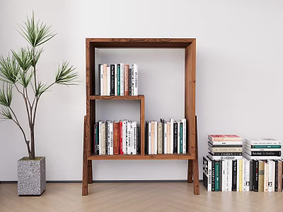 Wooden Open Bookcase With Books On Multiple Shelves And Potted Plant On Wooden Floor 3d model