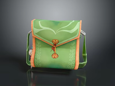 Stylish Green Crossbody Bag With Orange Trim Floral Patterns And Metal Clasp 3d model