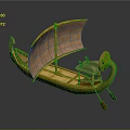 Traditional Wooden Boat With Green Hull Orange Sail Decorative Bow Seats And Oars