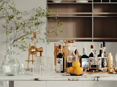 Elegant Wine Bottles And Crystal Glasses In Modern Bar Setup 3d model