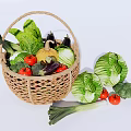 Fresh Vegetables in Wicker Basket with Cabbages Tomatoes Broccoli and Leeks on White Background