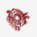 Industrial Equipment With Red Meshing Gears Of Multiple Sizes And Mechanical Components