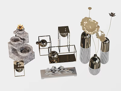 Modern Decorative Ornament Set With Stone Fountain Metal Candle Holders And Flower Vases 3d model