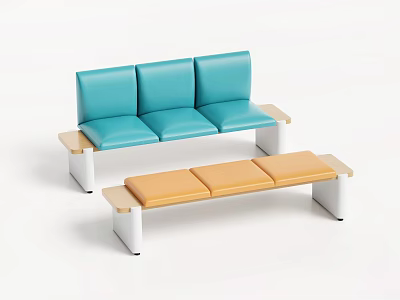 Blue And Orange Public Chairs With Padded Seats Wooden Armrests And White Legs 3d model