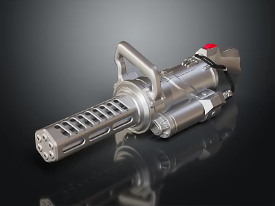 Futuristic Silver Metallic Weapon With Ergonomic Grip Red Button And Heat Vents Design 3d model