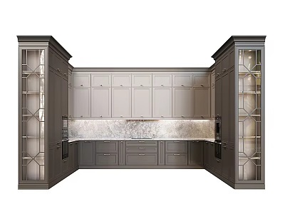 Gray Kitchen Cabinets With Marble Countertop And Glass Door Storage Design 3d model