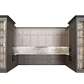 Gray Kitchen Cabinets With Marble Countertop And Glass Door Storage Design