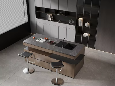 Modern Bar Counter With Marble Top And Black Bar Stools In Open Interior 3d model