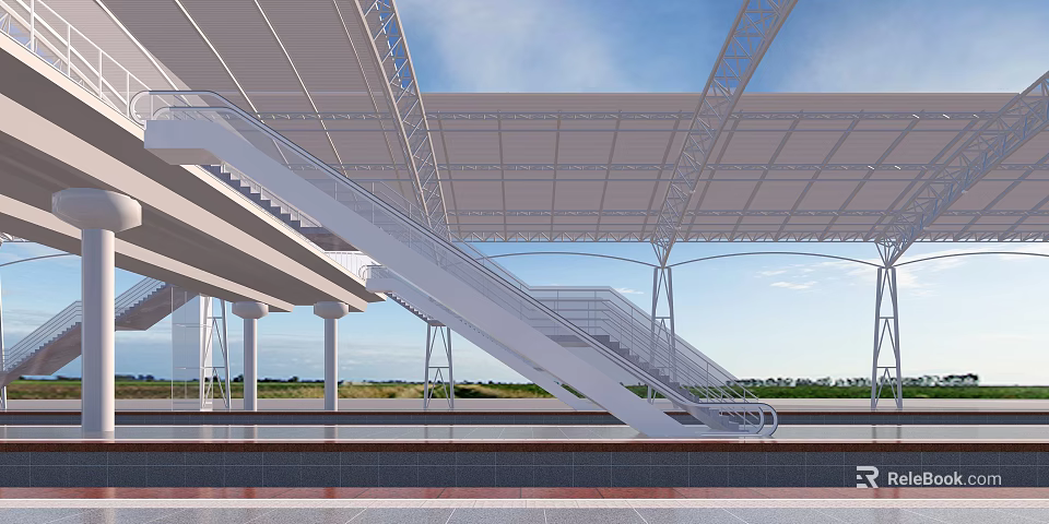 Modern Train Station Platform Featuring White Staircase And Metal Frame Roof 3d model 