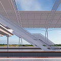 Modern Train Station Platform Featuring White Staircase And Metal Frame Roof 3d model