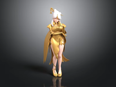 Woman In Golden Robe With White Long Hair And Golden Headdress Standing Against Black Background 3d model