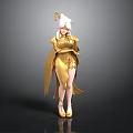 Woman In Golden Robe With White Long Hair And Golden Headdress Standing Against Black Background
