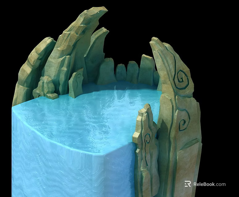 Decorative Rock Water Feature With Blue Pool And Spiral Carvings Design 3d model 