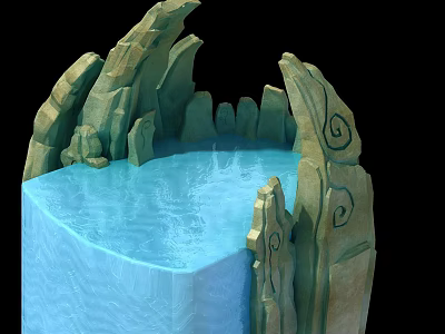 Decorative Rock Water Feature With Blue Pool And Spiral Carvings Design 3d model