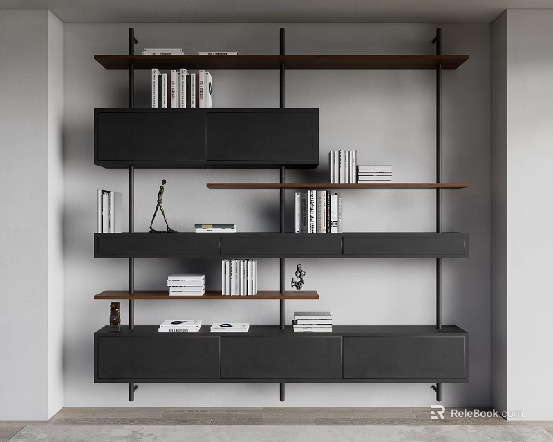 Modern Bookcase With Multiple Wooden Shelves Black Cabinets Books And Decorative Items 3d model 