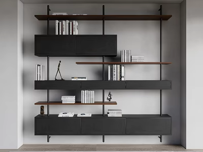 Modern Bookcase With Multiple Wooden Shelves Black Cabinets Books And Decorative Items 3d model