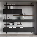 Modern Bookcase With Multiple Wooden Shelves Black Cabinets Books And Decorative Items