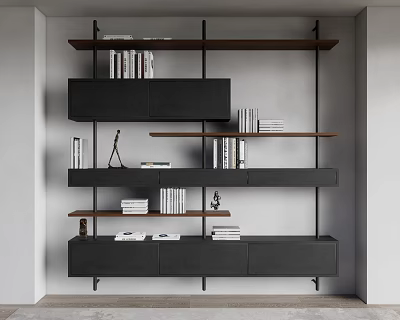 Modern Bookcase With Multiple Wooden Shelves Black Cabinets Books And Decorative Items 3d model