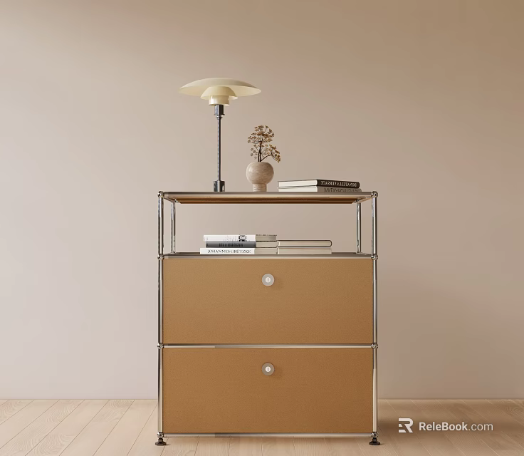 Modern Chest Of Drawers With Metal Frame Brown Drawers And Table Lamp On Top 3d model 