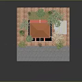 Outdoor Kiosk with Black Roof Orange Accents Red Brick Floor Surrounded by Trees and Greenery
