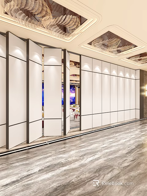 Modern Banquet Hall With Movable Partitions Open Doors And Decorative Ceiling 3d model 