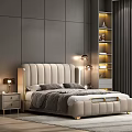 Elegant Modern Bedroom Interior With Gray Walls Beige Upholstered Headboard Nightstands Lamps And Bookshelf
