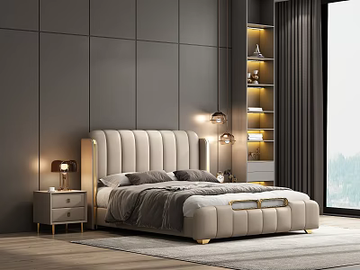 Elegant Modern Bedroom Interior With Gray Walls Beige Upholstered Headboard Nightstands Lamps And Bookshelf 3d model