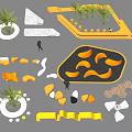 Modern Garden Landscape With Orange White Seating Green Plants Curved Structures And Paved Areas