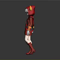 3D Fantasy Character Model With Red Hooded Outfit Yellow Horns Gray Hair And Purple Eyes