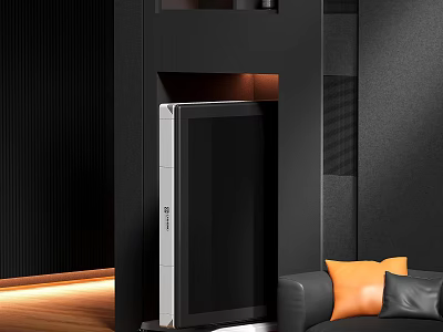 Modern Living Room Interior With Built in Appliance Black Sofa Orange Cushions And Wooden Floor 3d model