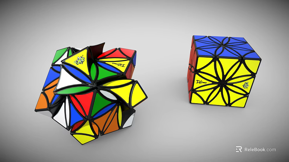 Colorful Rubik's Cubes Display Twisted Intricate Geometric Shapes And Complete Cube 3d model 