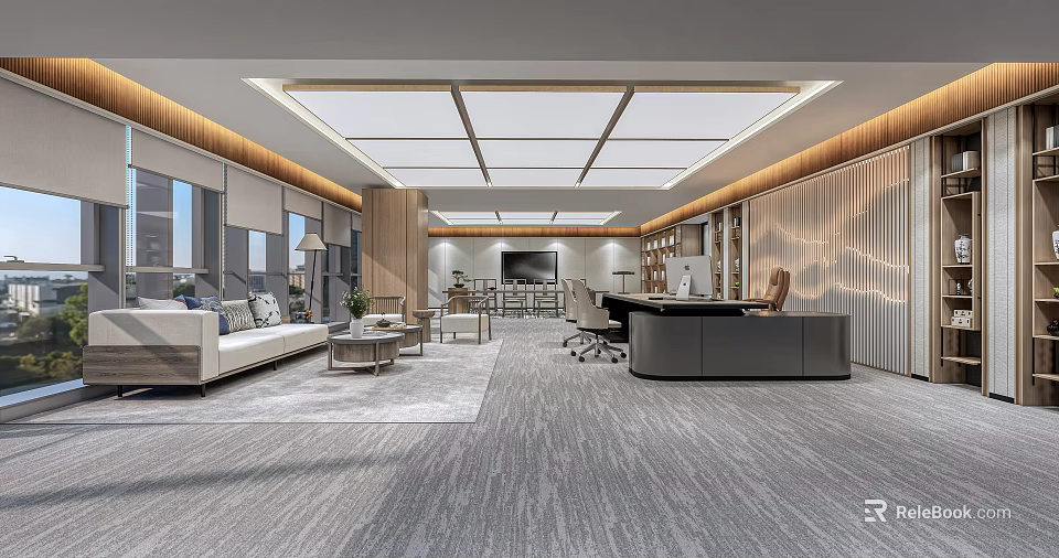 Modern Office Interior Design With Sofa Desk Chairs Gray Carpet And Large Windows 3d model 