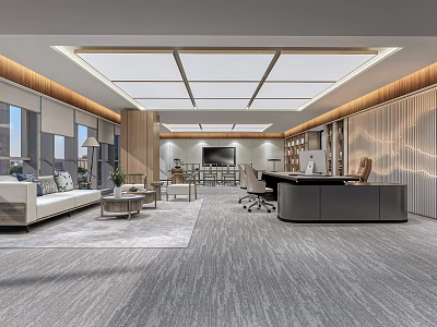 Modern Office Interior Design With Sofa Desk Chairs Gray Carpet And Large Windows 3d model