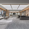 Modern Office Interior Design With Sofa Desk Chairs Gray Carpet And Large Windows