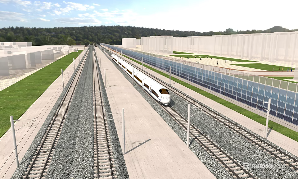 High Speed Railway Infrastructure With Tracks Platform Solar Panels And Greenery 3d model 