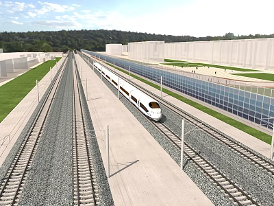 High Speed Railway Infrastructure With Tracks Platform Solar Panels And Greenery 3d model