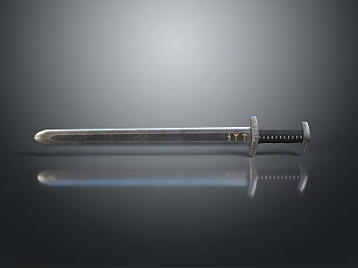 Classic Silver Sword With Black Handle On Reflective Metal Surface 3d model
