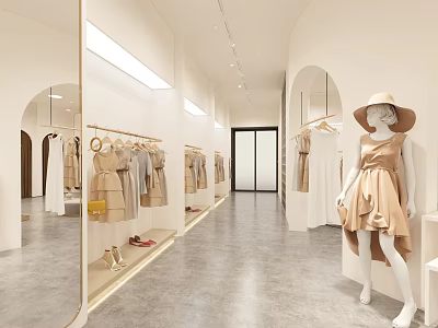 Modern Minimalist Womens Clothing Store Interior With Chic Apparel Display And Stylish Mannequin Layout 3d model